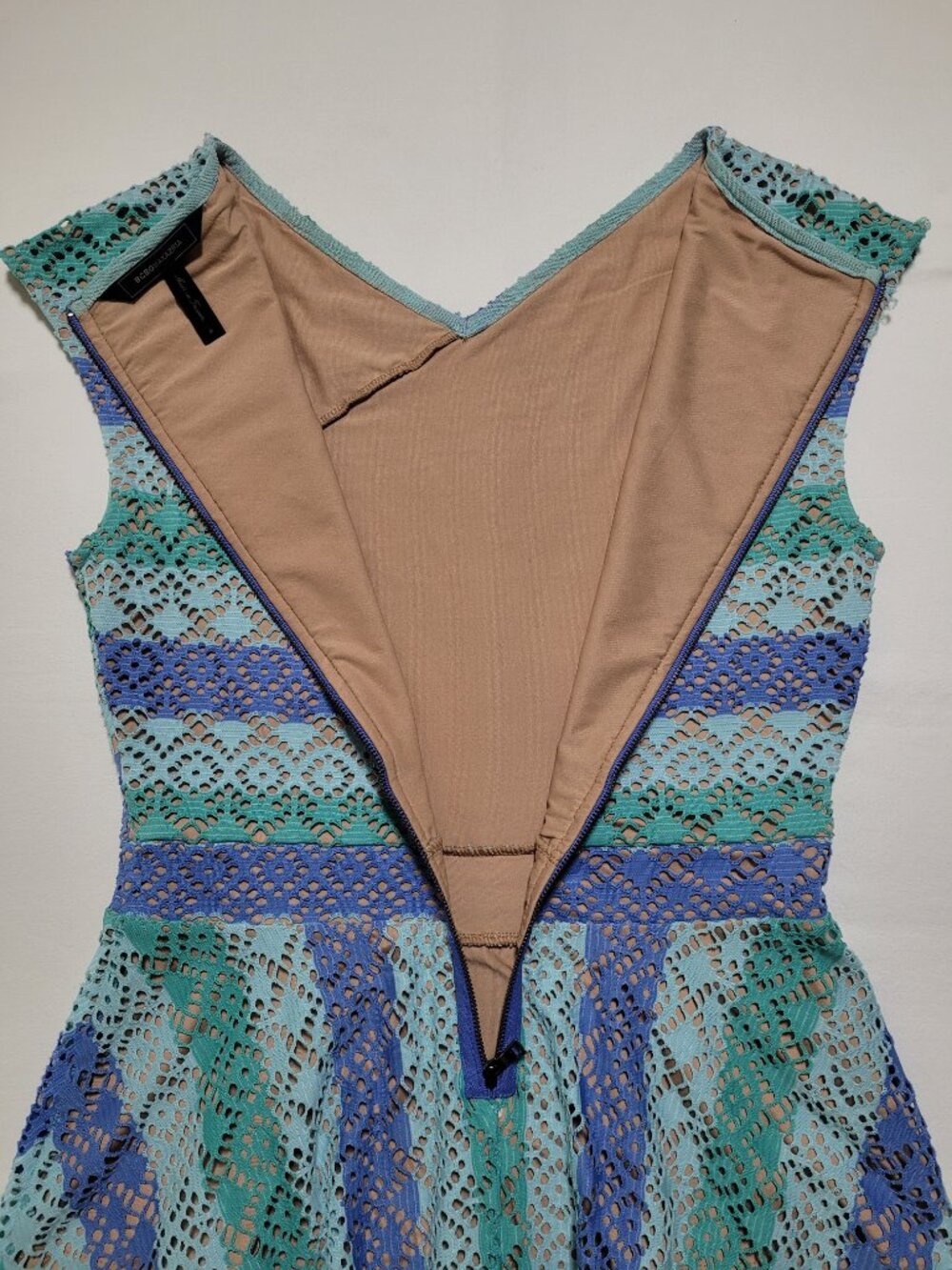BCBGMAXAZRIA Heidy Lace Peplum Top Aqua Combo Stripe Small Quiet Luxury - Picture 10 of 10